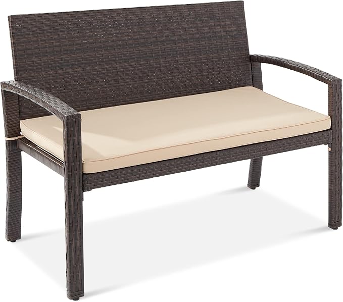 Naspaluro Outdoor Bench 2-Person Wicker Garden Patio Benches Seating Furniture for Backyard, Porch w/Seat Cushion, 700lb Capacity