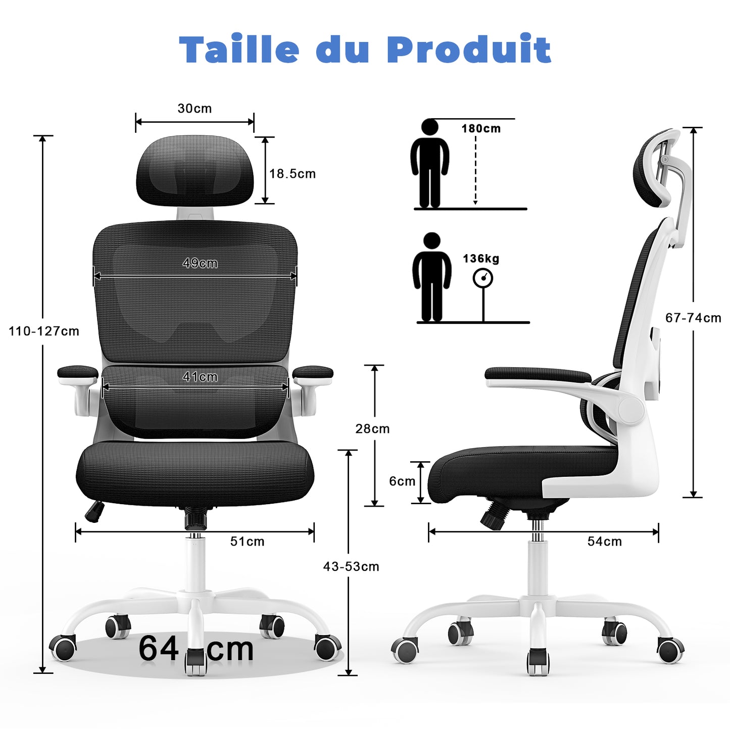 Chaise de Bureau Ergonomique: Fauteuil Bureau avec Support Lombaire en C,Dossier et Appui-tête Réglables,Reversible Armrest,Siege en Maille Respirante Convient à la Maison Bureau