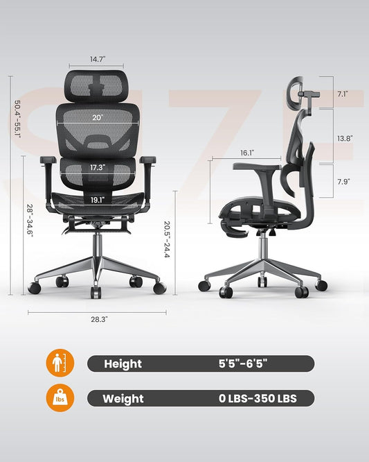 naspaluro Chaise de Bureau Ergonomique Confortable avec Repose Pied,Fauteuil Bureau avec Soutien Lombaire,Accoudoirs 3D et Appui-Tête Réglables,Maille Respirante pour la Maison et le Gaming