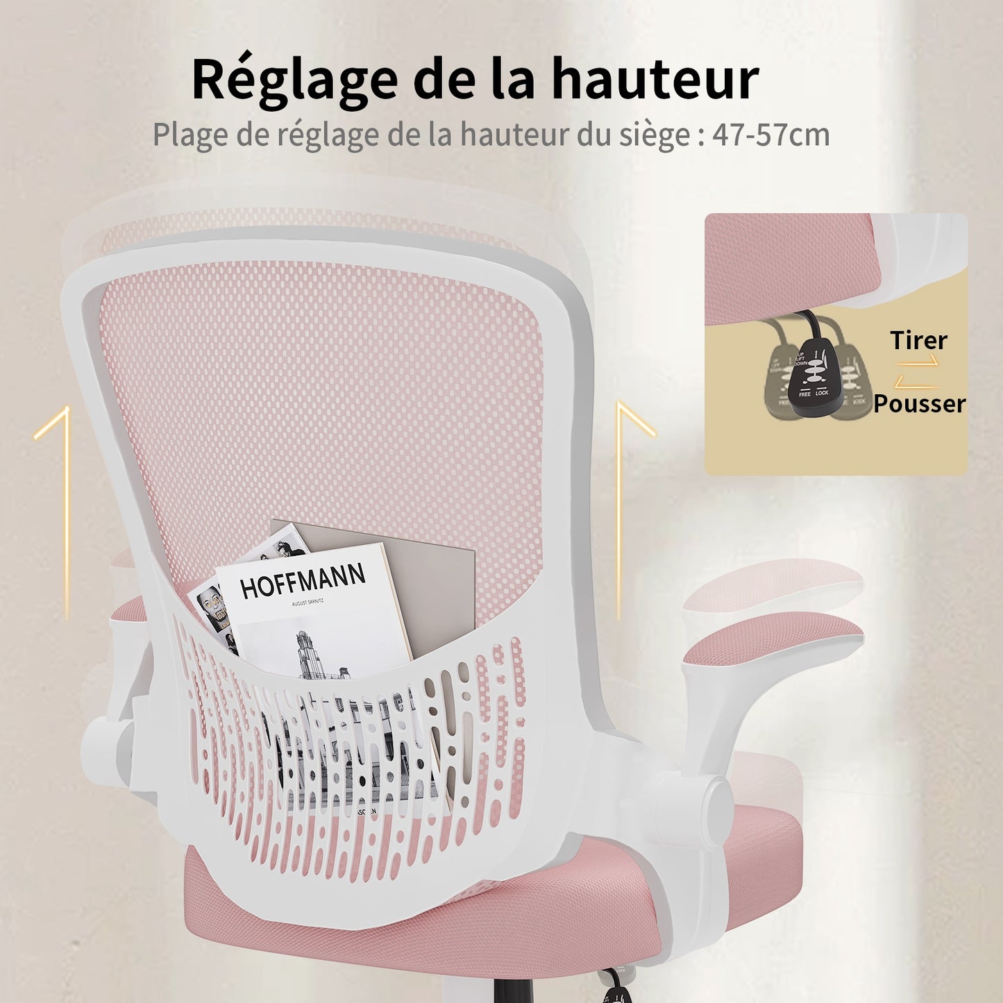 naspaluro Chaise de Bureau, Chaise de Bureau Ergonomique avec Accoudoirs Rabattables à 90°, Soutien Lombaire Unique, Revêtement en Maille Respirante, Siège Pivotant à 360° avec Fonction Swing