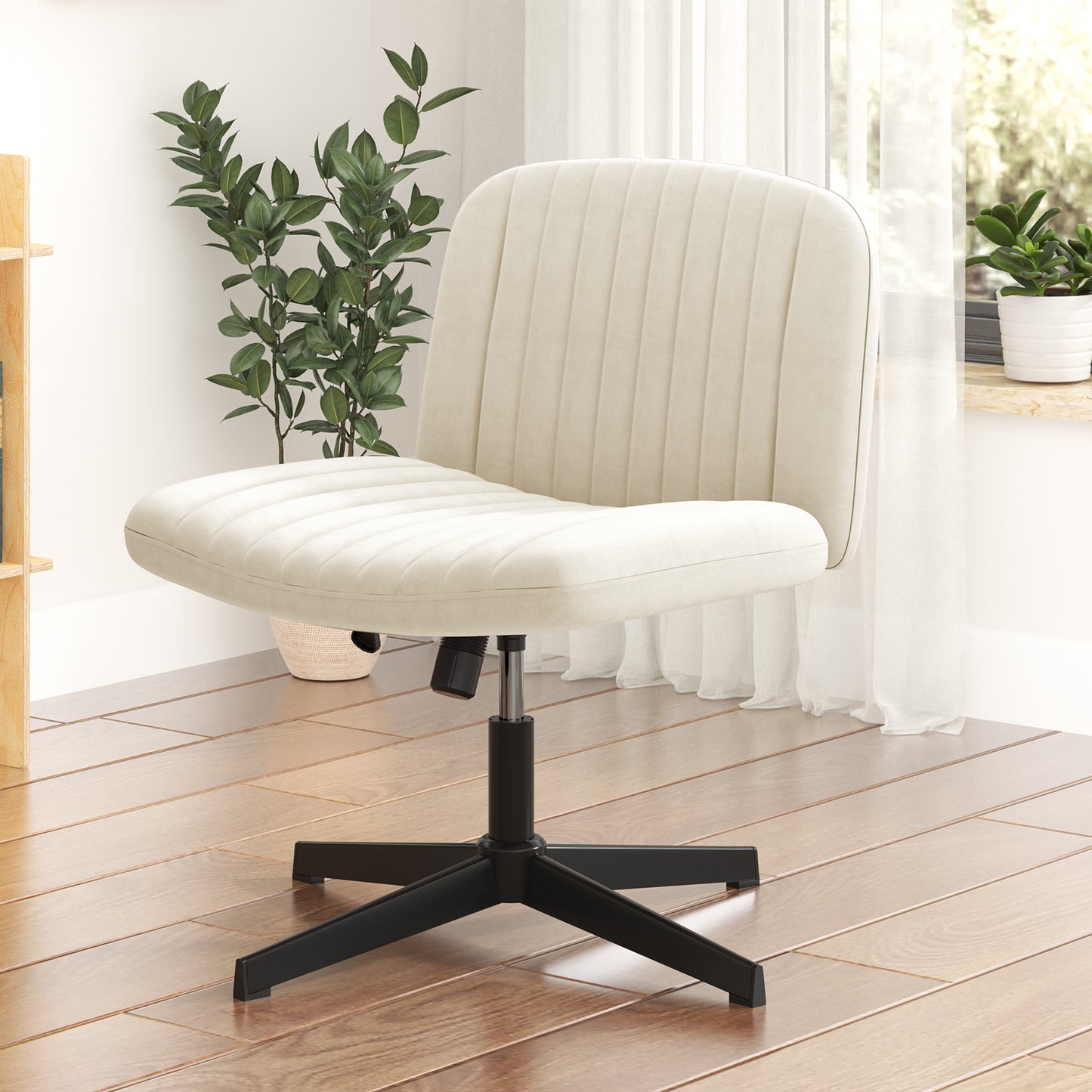 Naspaluro Armless Office Chair No Wheels Velvet Fabric Cross-legged Desk Chair Height Adjustable Swivel Computer Chair with Wide Seat and Mid Back for Bedroom and Home Office - Beige