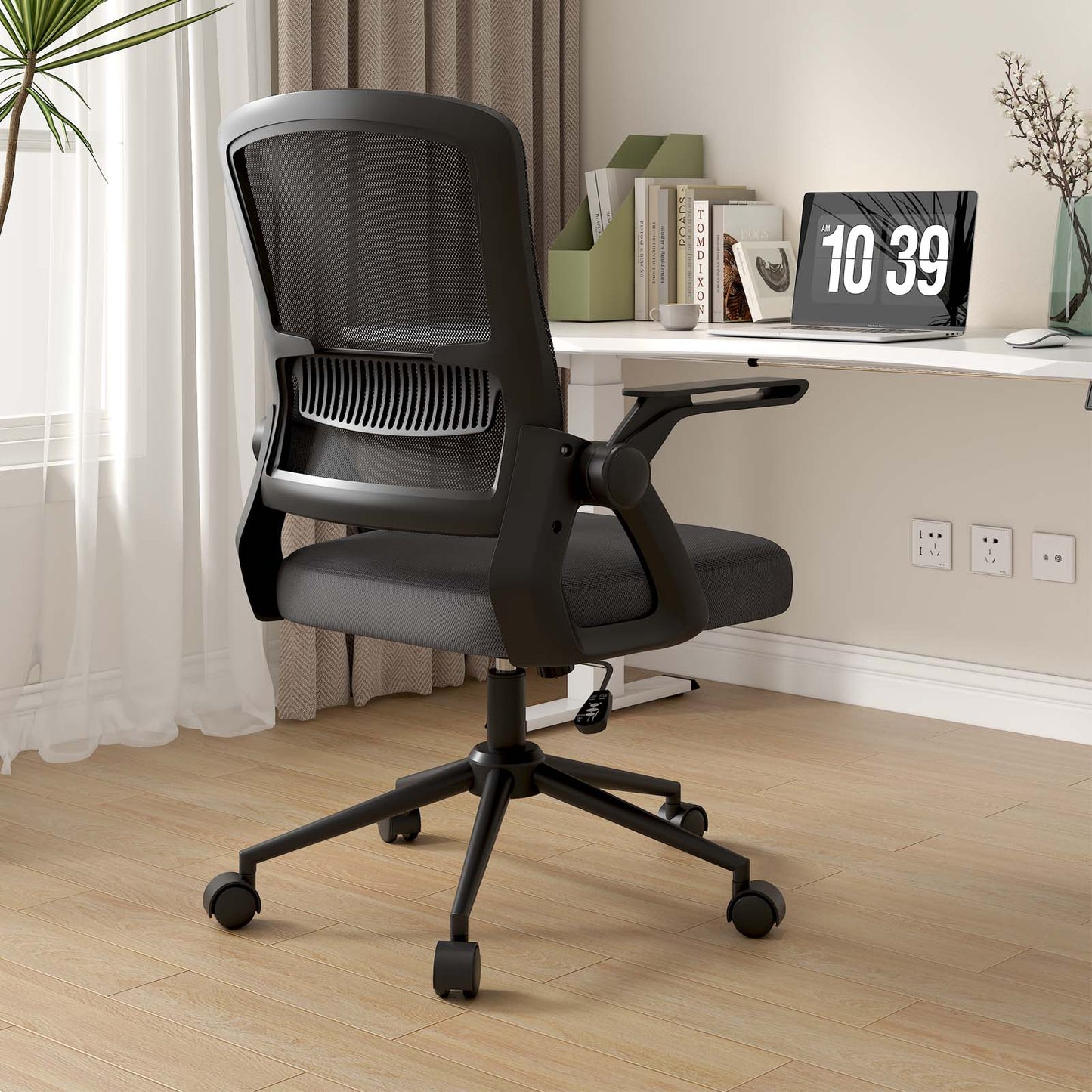 naspaluro Office Computer Desk Chair Ergonomic Mesh Flip-Up Arms Comfy Chair with Mid Back Cushion Lumbar Support Adjustable Height Tilt Swivel Chair for Home Bedroom Study Working