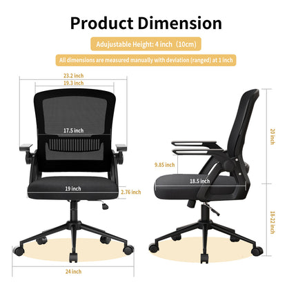 naspaluro Office Computer Desk Chair Ergonomic Mesh Flip-Up Arms Comfy Chair with Mid Back Cushion Lumbar Support Adjustable Height Tilt Swivel Chair for Home Bedroom Study Working