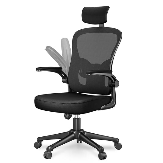 Chaise Bureau avec Accoudoir Réglable, Fauteuil Ergonomique en Maille Respirante avec Soutien Lombaire, Dossier Inclinable et Hauteur Réglable, Noir