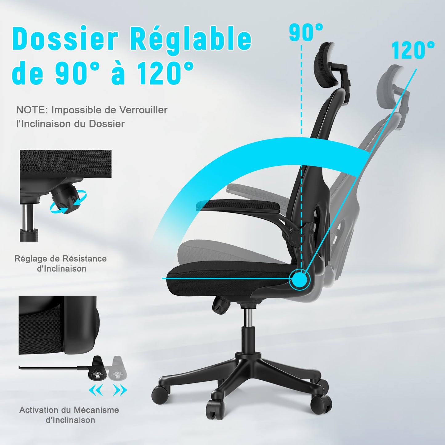 Chaise Bureau avec Accoudoir Réglable, Fauteuil Ergonomique en Maille Respirante avec Soutien Lombaire, Dossier Inclinable et Hauteur Réglable, Noir