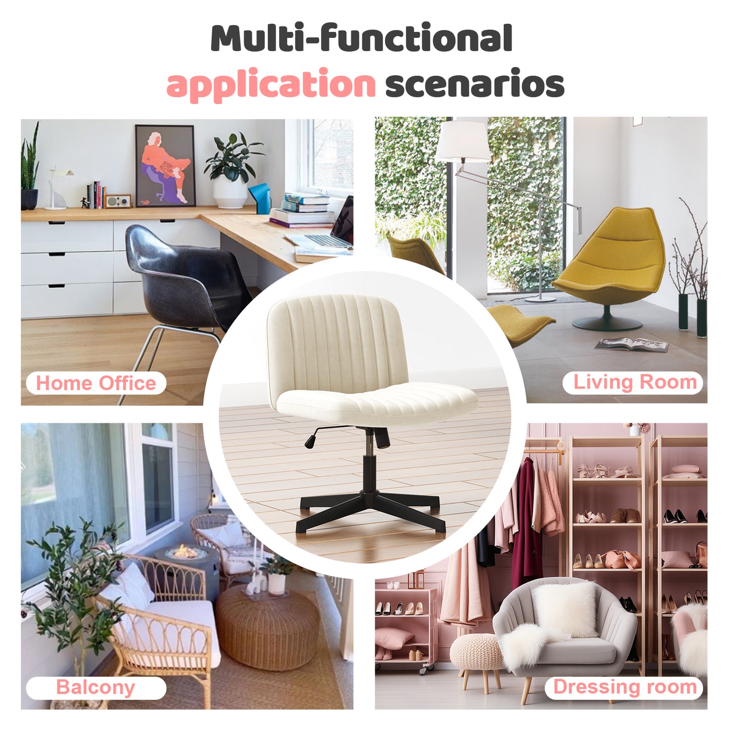 Naspaluro Armless Office Chair No Wheels Velvet Fabric Cross-legged Desk Chair Height Adjustable Swivel Computer Chair with Wide Seat and Mid Back for Bedroom and Home Office - Beige