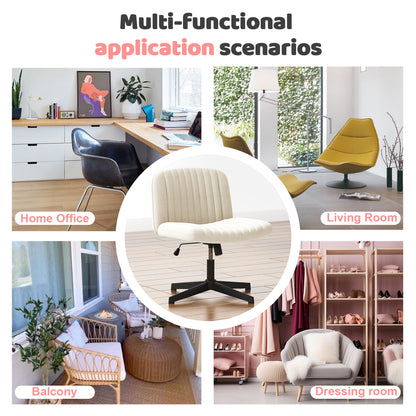 Naspaluro Armless Office Chair No Wheels Velvet Fabric Cross-legged Desk Chair Height Adjustable Swivel Computer Chair with Wide Seat and Mid Back for Bedroom and Home Office - Beige