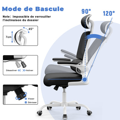 Chaise de Bureau Ergonomique: Fauteuil Bureau avec Support Lombaire en C,Dossier et Appui-tête Réglables,Reversible Armrest,Siege en Maille Respirante Convient à la Maison Bureau