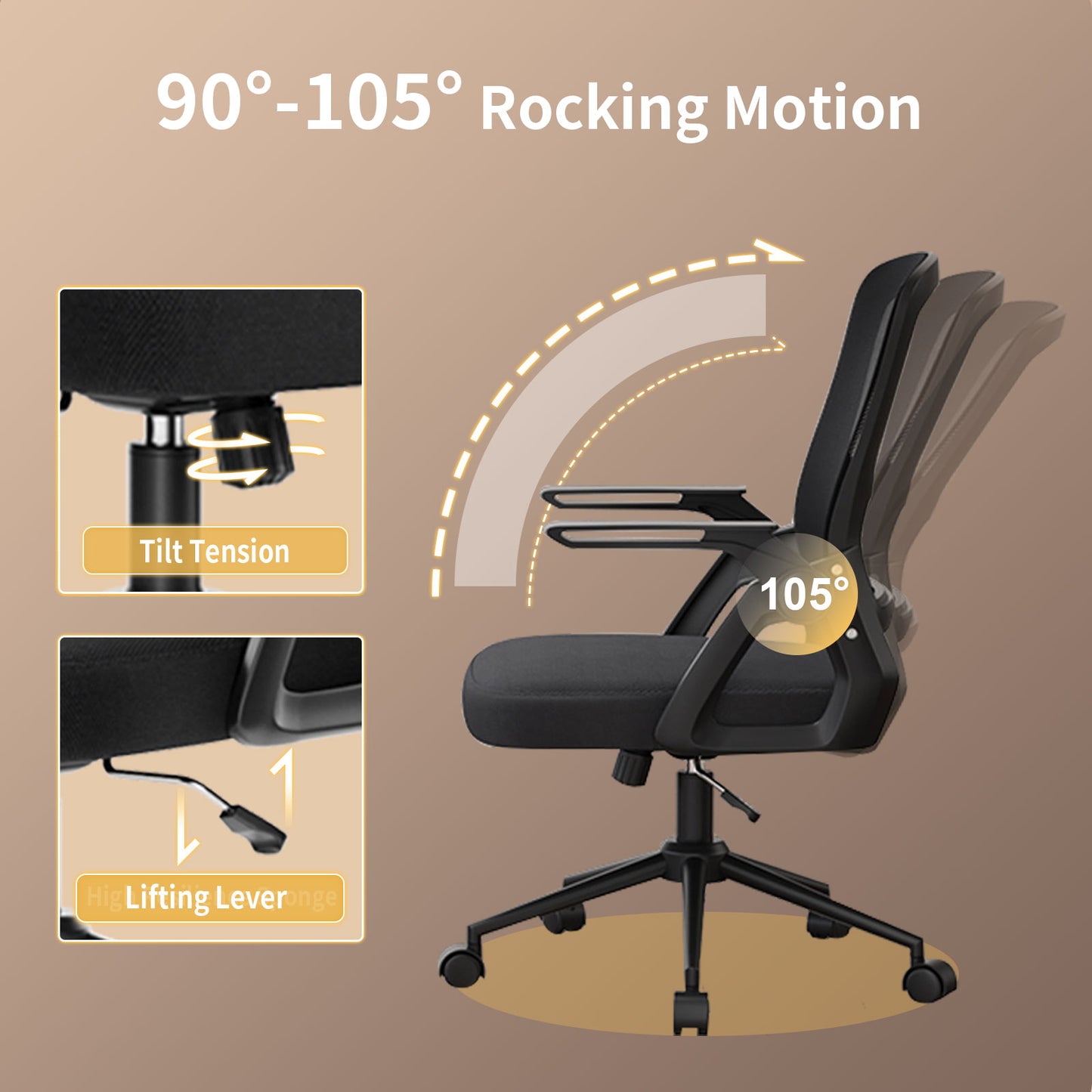 naspaluro Office Computer Desk Chair Ergonomic Mesh Flip-Up Arms Comfy Chair with Mid Back Cushion Lumbar Support Adjustable Height Tilt Swivel Chair for Home Bedroom Study Working