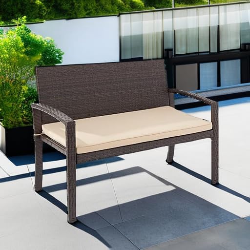 Naspaluro Outdoor Bench 2-Person Wicker Garden Patio Benches Seating Furniture for Backyard, Porch w/Seat Cushion, 700lb Capacity