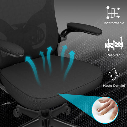 Chaise Bureau avec Accoudoir Réglable, Fauteuil Ergonomique en Maille Respirante avec Soutien Lombaire, Dossier Inclinable et Hauteur Réglable, Noir