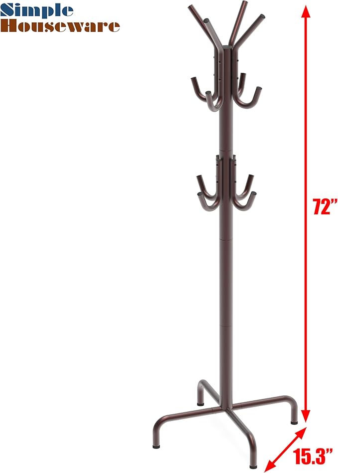 Naspaluro Standing Coat and Hat Hanger Organizer Rack, 12 Hooks, Bronze