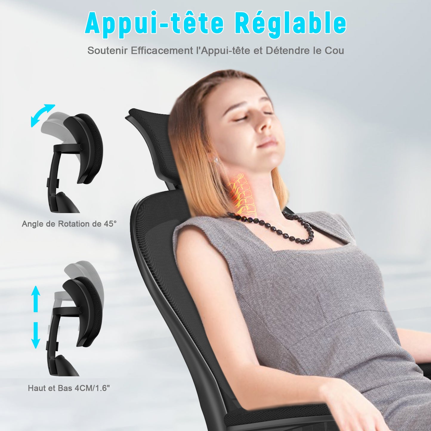 Chaise Bureau avec Accoudoir Réglable, Fauteuil Ergonomique en Maille Respirante avec Soutien Lombaire, Dossier Inclinable et Hauteur Réglable, Noir