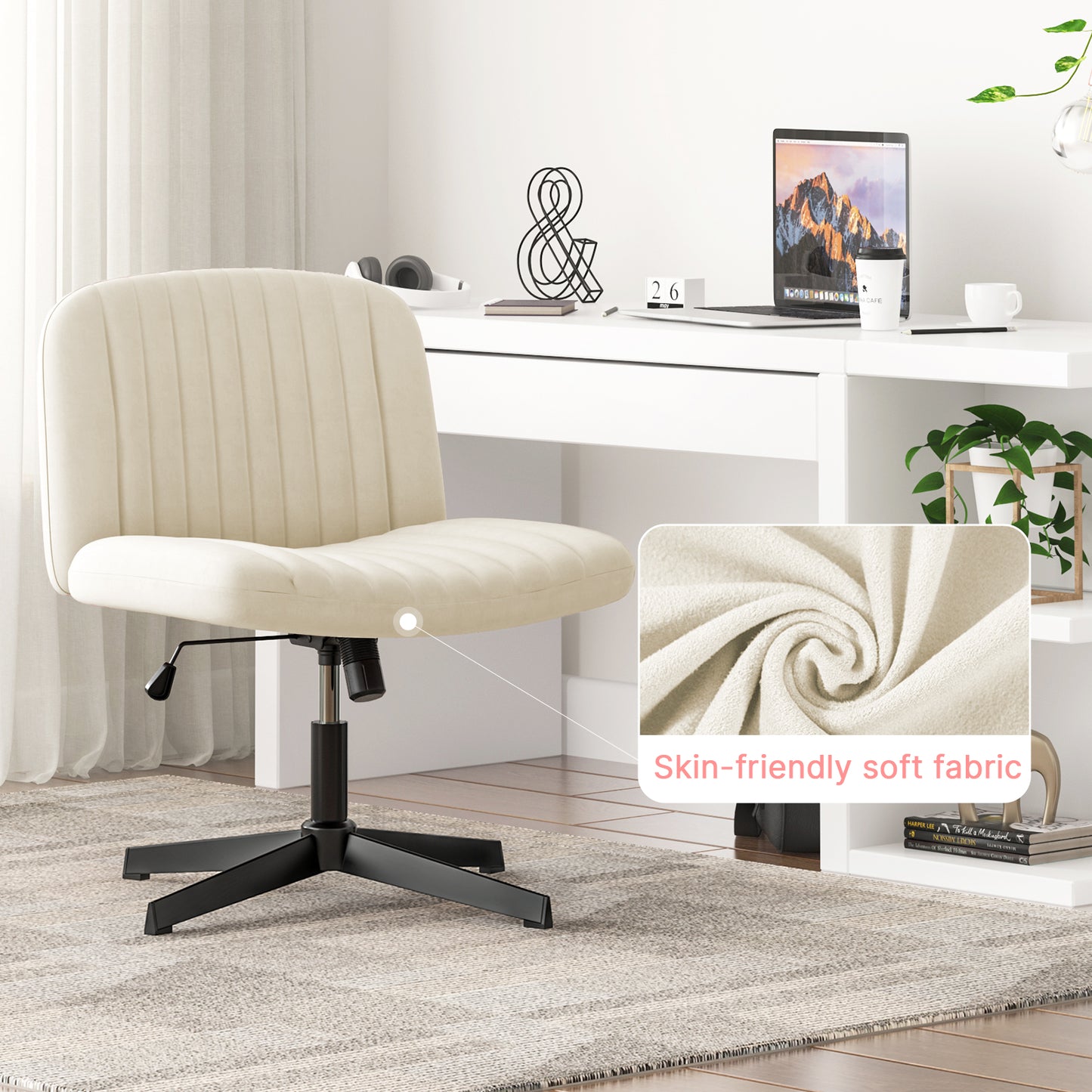 Naspaluro Armless Office Chair No Wheels Velvet Fabric Cross-legged Desk Chair Height Adjustable Swivel Computer Chair with Wide Seat and Mid Back for Bedroom and Home Office - Beige