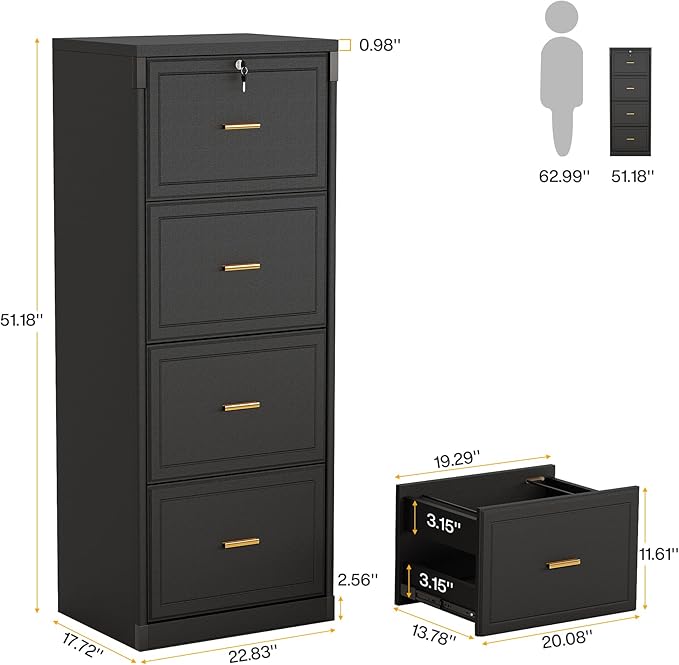 Naspaluro 4-Drawer File Cabinet with Lock, Locked File Cabinet with Key, Tall Wooden Filing Cabinets for Home Office, Vertical Office Storage for Legal Size/Letter/A4/Files