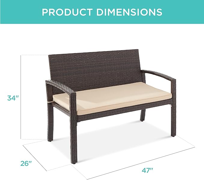 Naspaluro Outdoor Bench 2-Person Wicker Garden Patio Benches Seating Furniture for Backyard, Porch w/Seat Cushion, 700lb Capacity