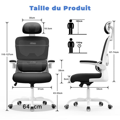 Chaise de Bureau Ergonomique: Fauteuil Bureau avec Support Lombaire en C,Dossier et Appui-tête Réglables,Reversible Armrest,Siege en Maille Respirante Convient à la Maison Bureau