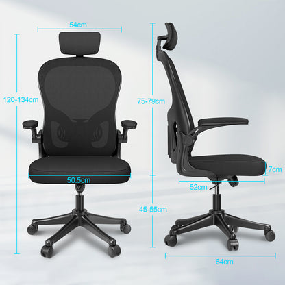 naspaluro Office Desk Chair with Flip-Up Armrest High Back Ergonomic Computer Chair with Adjustable Headrest and Lumbar Support Executive Swivel Chair for Home and Office - Black