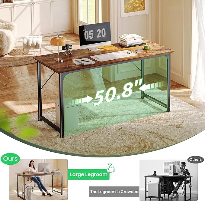 Naspaluro Computer Desk, 55 Inch Home Office Desk, Gaming Writing Work from Home Study Desk, Large Legroom, Sturdy Metal Frame, Modern Simple