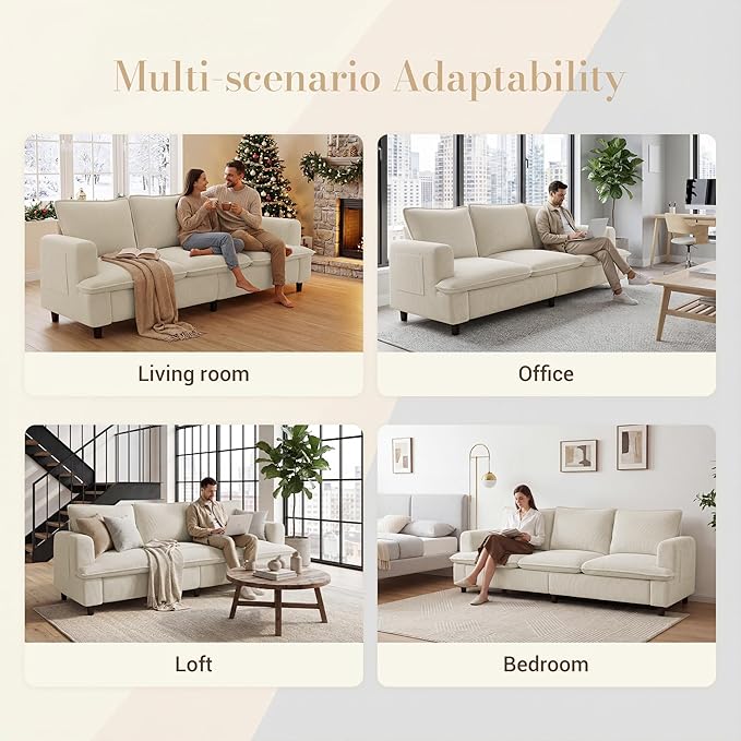 Naspaluro 3 Seater Couch, 83" Comfy Corduroy Sofa with Deep Seat, Modern Sofa Couch for Living Room, Office, Bedroom