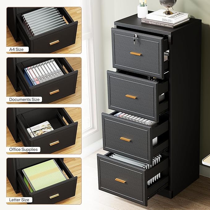 Naspaluro 4-Drawer File Cabinet with Lock, Locked File Cabinet with Key, Tall Wooden Filing Cabinets for Home Office, Vertical Office Storage for Legal Size/Letter/A4/Files