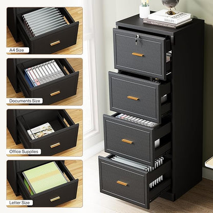 Naspaluro 4-Drawer File Cabinet with Lock, Locked File Cabinet with Key, Tall Wooden Filing Cabinets for Home Office, Vertical Office Storage for Legal Size/Letter/A4/Files