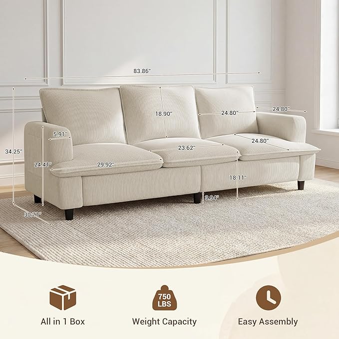Naspaluro 3 Seater Couch, 83" Comfy Corduroy Sofa with Deep Seat, Modern Sofa Couch for Living Room, Office, Bedroom