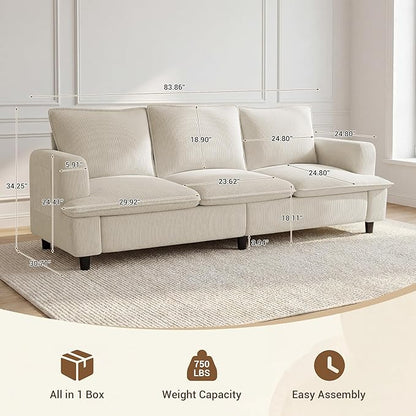 Naspaluro 3 Seater Couch, 83" Comfy Corduroy Sofa with Deep Seat, Modern Sofa Couch for Living Room, Office, Bedroom