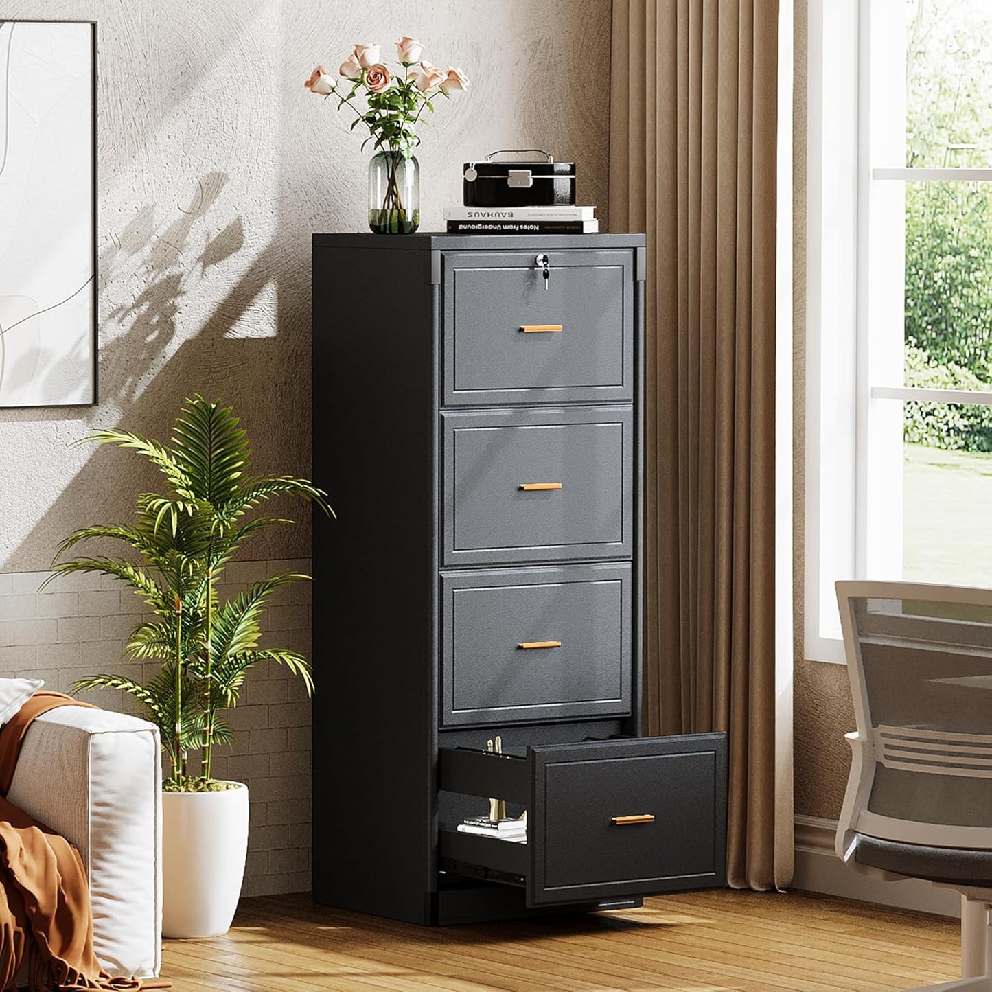 Naspaluro 4-Drawer File Cabinet with Lock, Locked File Cabinet with Key, Tall Wooden Filing Cabinets for Home Office, Vertical Office Storage for Legal Size/Letter/A4/Files