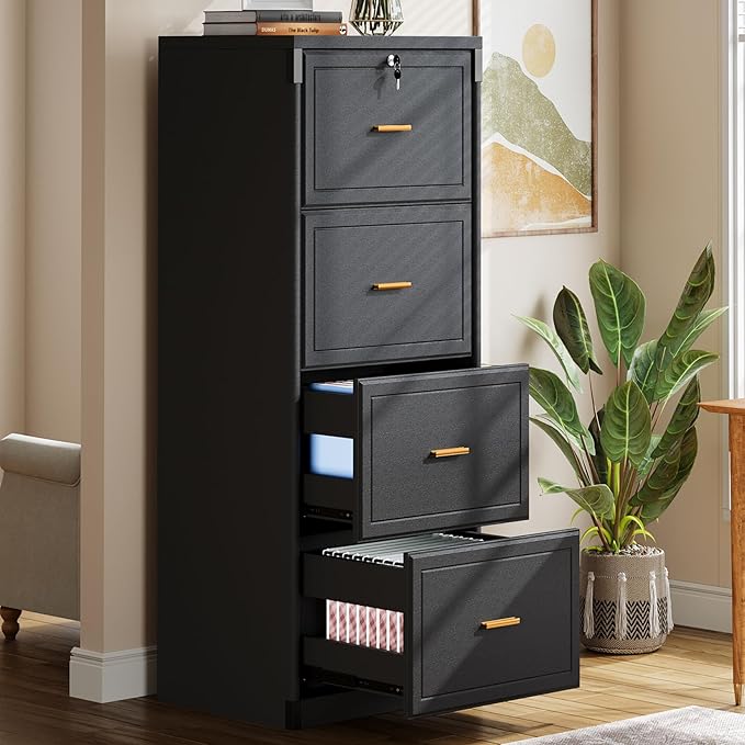 Naspaluro 4-Drawer File Cabinet with Lock, Locked File Cabinet with Key, Tall Wooden Filing Cabinets for Home Office, Vertical Office Storage for Legal Size/Letter/A4/Files
