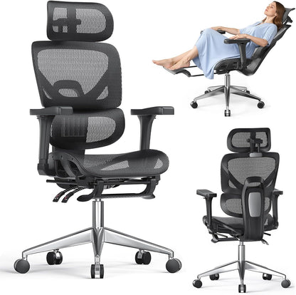 naspaluro Chaise de Bureau Ergonomique Confortable avec Repose Pied,Fauteuil Bureau avec Soutien Lombaire,Accoudoirs 3D et Appui-Tête Réglables,Maille Respirante pour la Maison et le Gaming