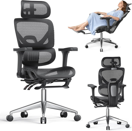 naspaluro Chaise de Bureau Ergonomique Confortable avec Repose Pied,Fauteuil Bureau avec Soutien Lombaire,Accoudoirs 3D et Appui-Tête Réglables,Maille Respirante pour la Maison et le Gaming