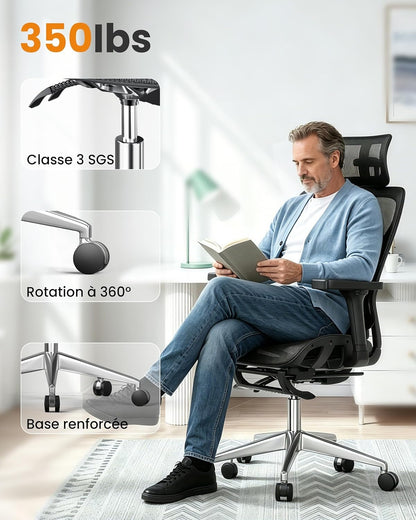naspaluro Chaise de Bureau Ergonomique Confortable avec Repose Pied,Fauteuil Bureau avec Soutien Lombaire,Accoudoirs 3D et Appui-Tête Réglables,Maille Respirante pour la Maison et le Gaming