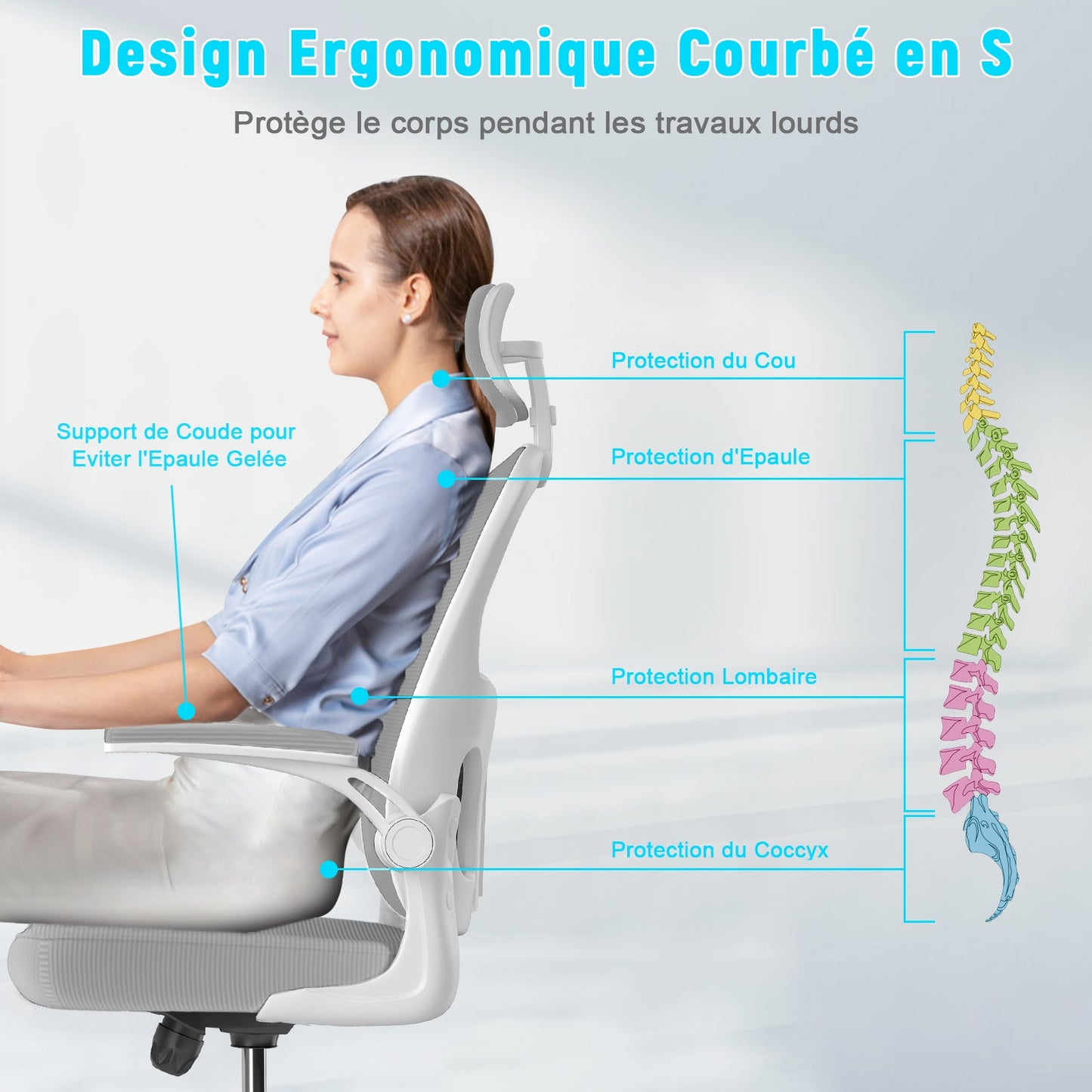naspaluro Chaise de Bureau, Fauteuil de Bureau avec Soutien Lombaire Ajustable, Accoudoir et Appui-tête Réglables, Dossier Ergonomique Inclinable, Roulette Pivotant à 360°