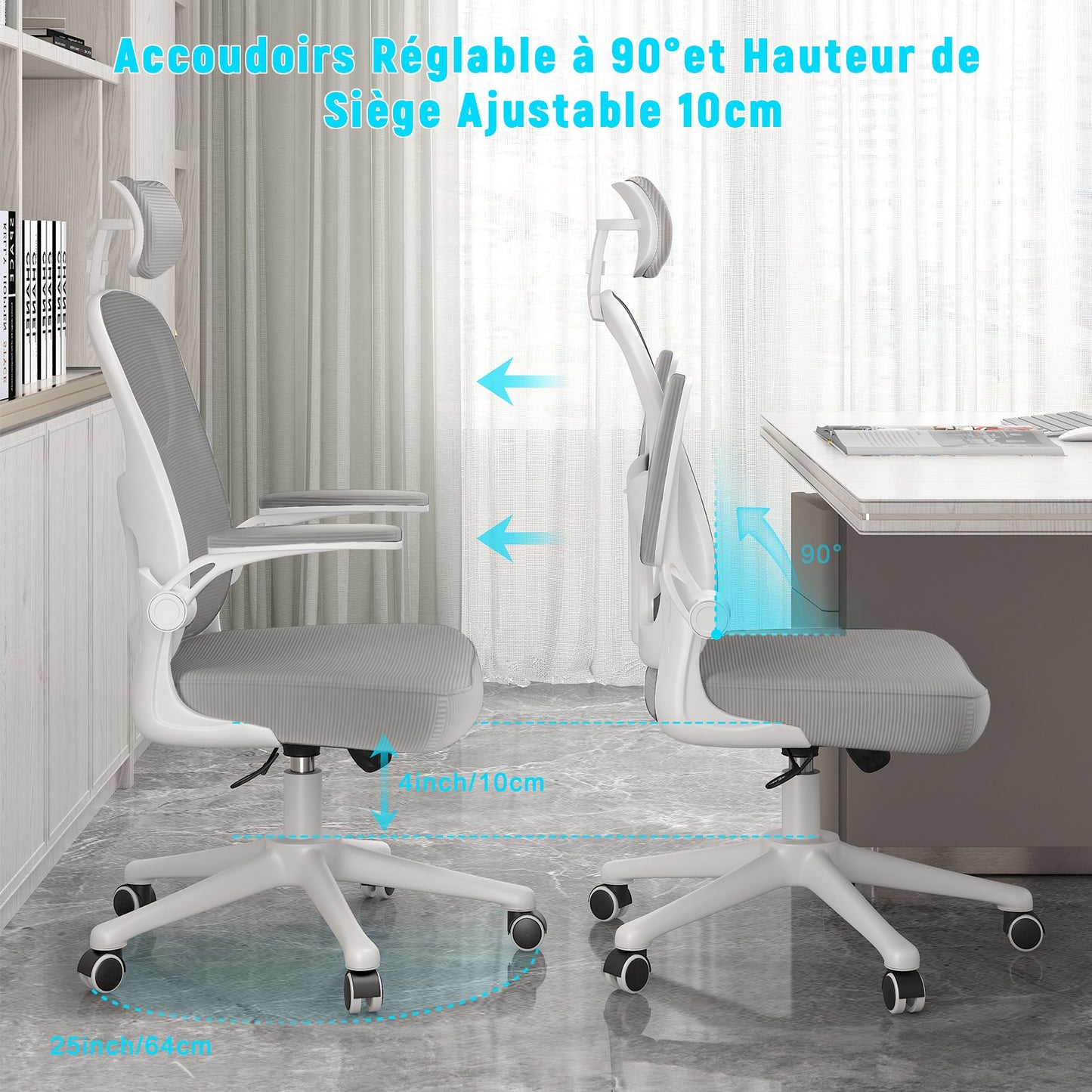 naspaluro Chaise de Bureau, Fauteuil de Bureau avec Soutien Lombaire Ajustable, Accoudoir et Appui-tête Réglables, Dossier Ergonomique Inclinable, Roulette Pivotant à 360°