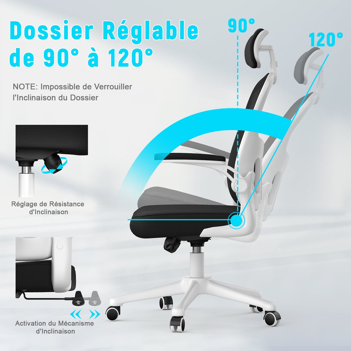 naspaluro Chaise de Bureau, Fauteuil de Bureau avec Soutien Lombaire Ajustable, Accoudoir et Appui-tête Réglables, Dossier Ergonomique Inclinable, Roulette Pivotant à 360°