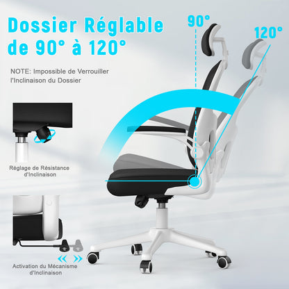 naspaluro Chaise de Bureau, Fauteuil de Bureau avec Soutien Lombaire Ajustable, Accoudoir et Appui-tête Réglables, Dossier Ergonomique Inclinable, Roulette Pivotant à 360°