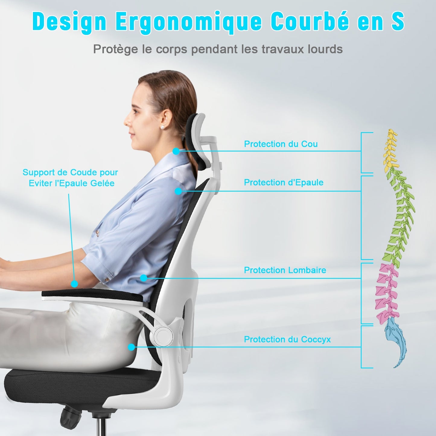 naspaluro Chaise de Bureau, Fauteuil de Bureau avec Soutien Lombaire Ajustable, Accoudoir et Appui-tête Réglables, Dossier Ergonomique Inclinable, Roulette Pivotant à 360°