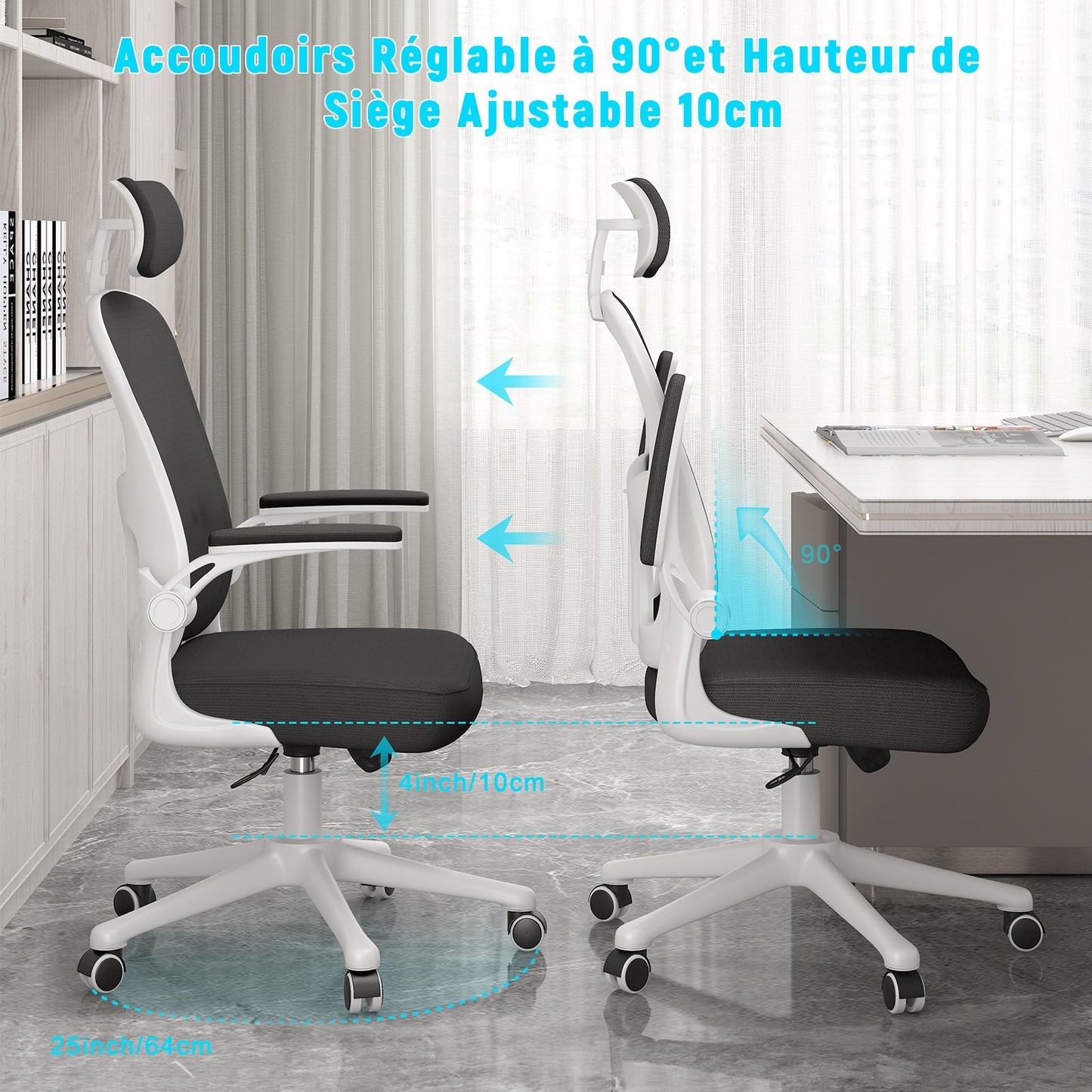 naspaluro Chaise de Bureau, Fauteuil de Bureau avec Soutien Lombaire Ajustable, Accoudoir et Appui-tête Réglables, Dossier Ergonomique Inclinable, Roulette Pivotant à 360°