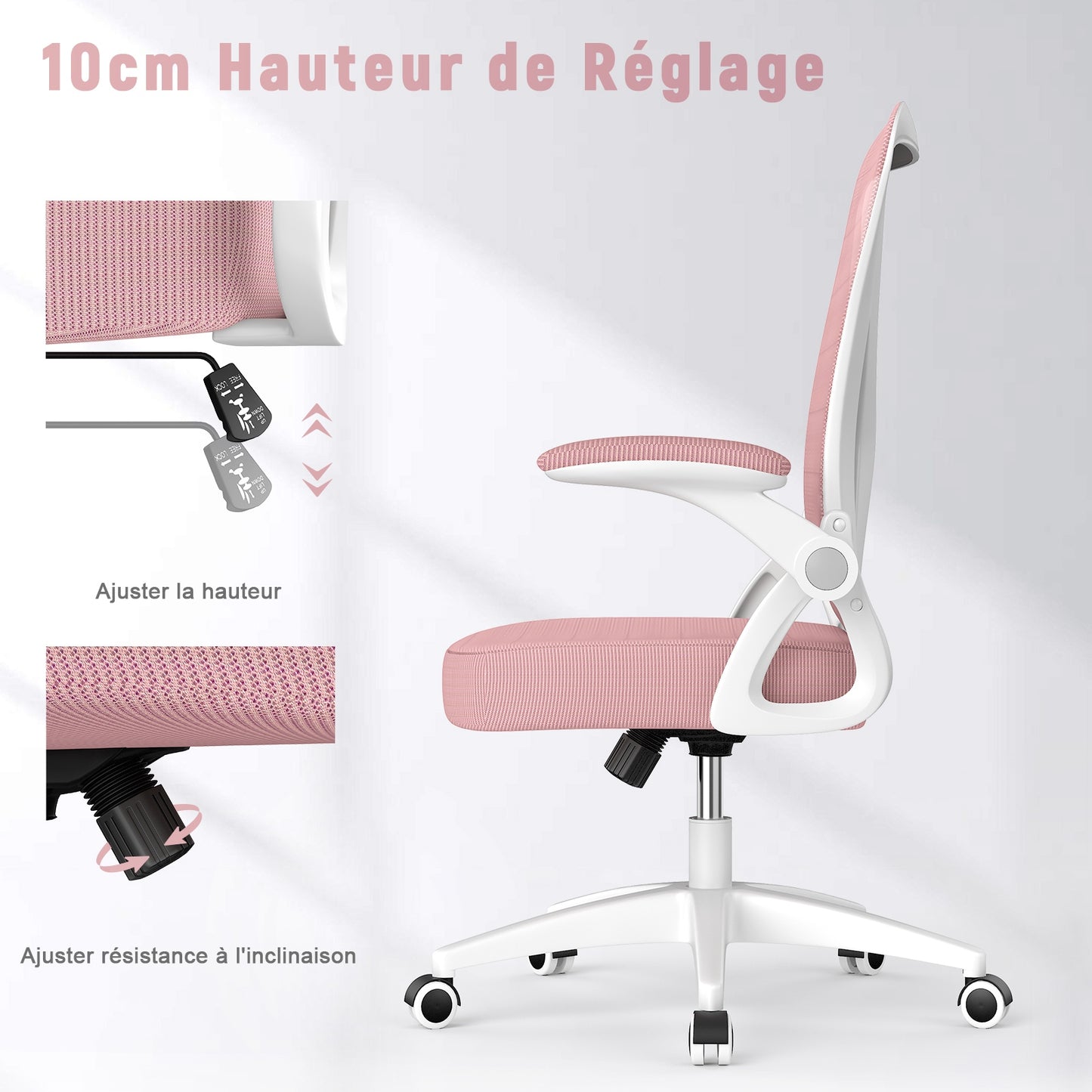 naspaluro Chaise Bureau avec Accoudoir Réglable, Fauteuil Ergonomique en Maille Respirante avec Soutien Lombaire, Dossier Inclinable et Hauteur Réglable, Roulette Pivotant à 360°