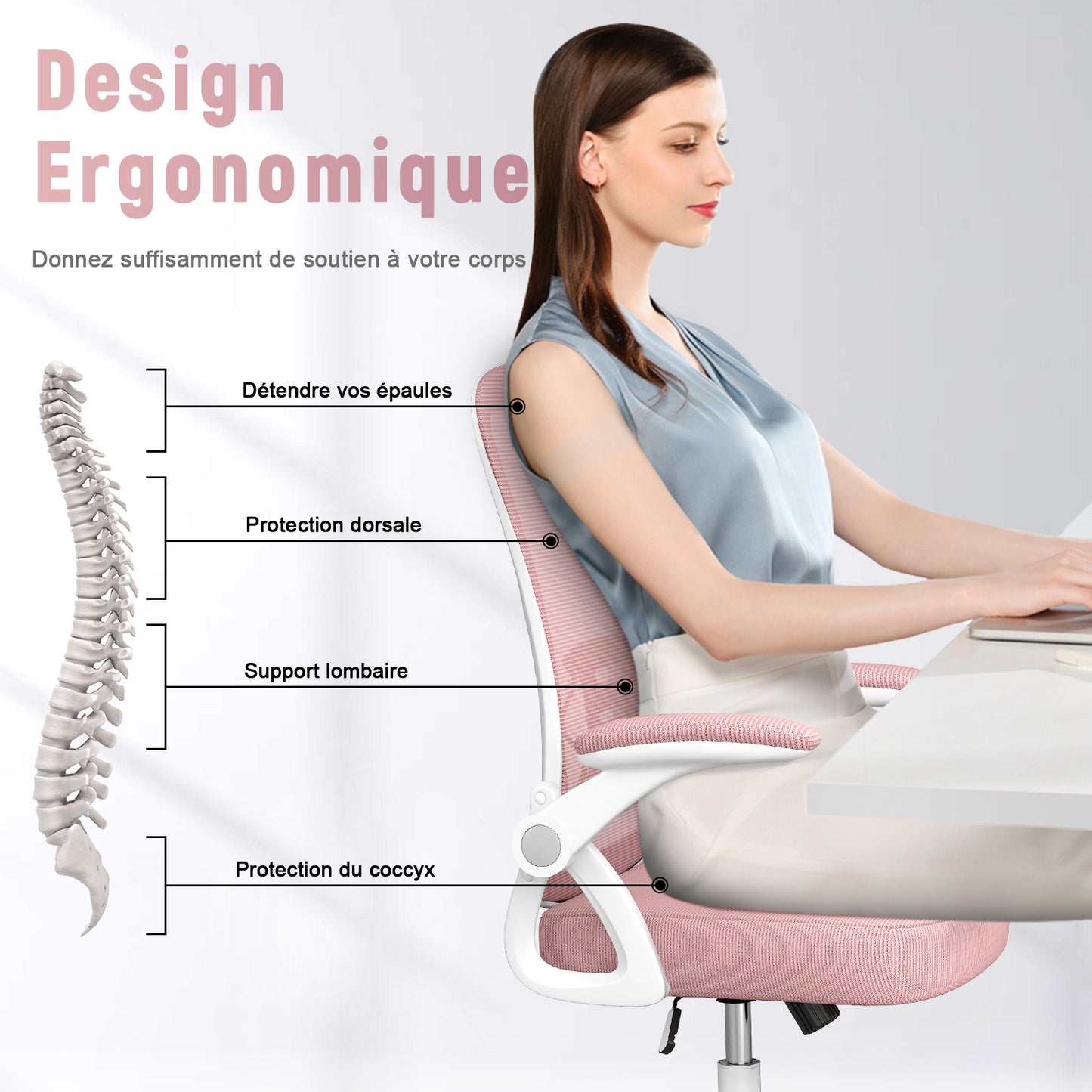 naspaluro Chaise Bureau avec Accoudoir Réglable, Fauteuil Ergonomique en Maille Respirante avec Soutien Lombaire, Dossier Inclinable et Hauteur Réglable, Roulette Pivotant à 360°