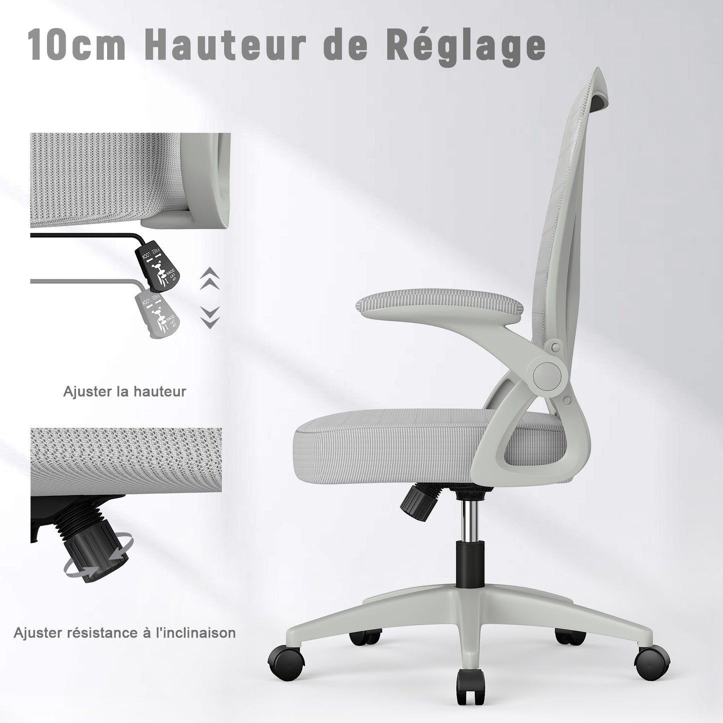 naspaluro Chaise Bureau avec Accoudoir Réglable, Fauteuil Ergonomique en Maille Respirante avec Soutien Lombaire, Dossier Inclinable et Hauteur Réglable, Roulette Pivotant à 360°