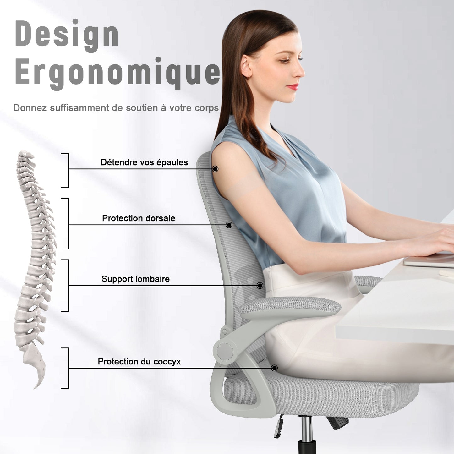 naspaluro Chaise Bureau avec Accoudoir Réglable, Fauteuil Ergonomique en Maille Respirante avec Soutien Lombaire, Dossier Inclinable et Hauteur Réglable, Roulette Pivotant à 360°