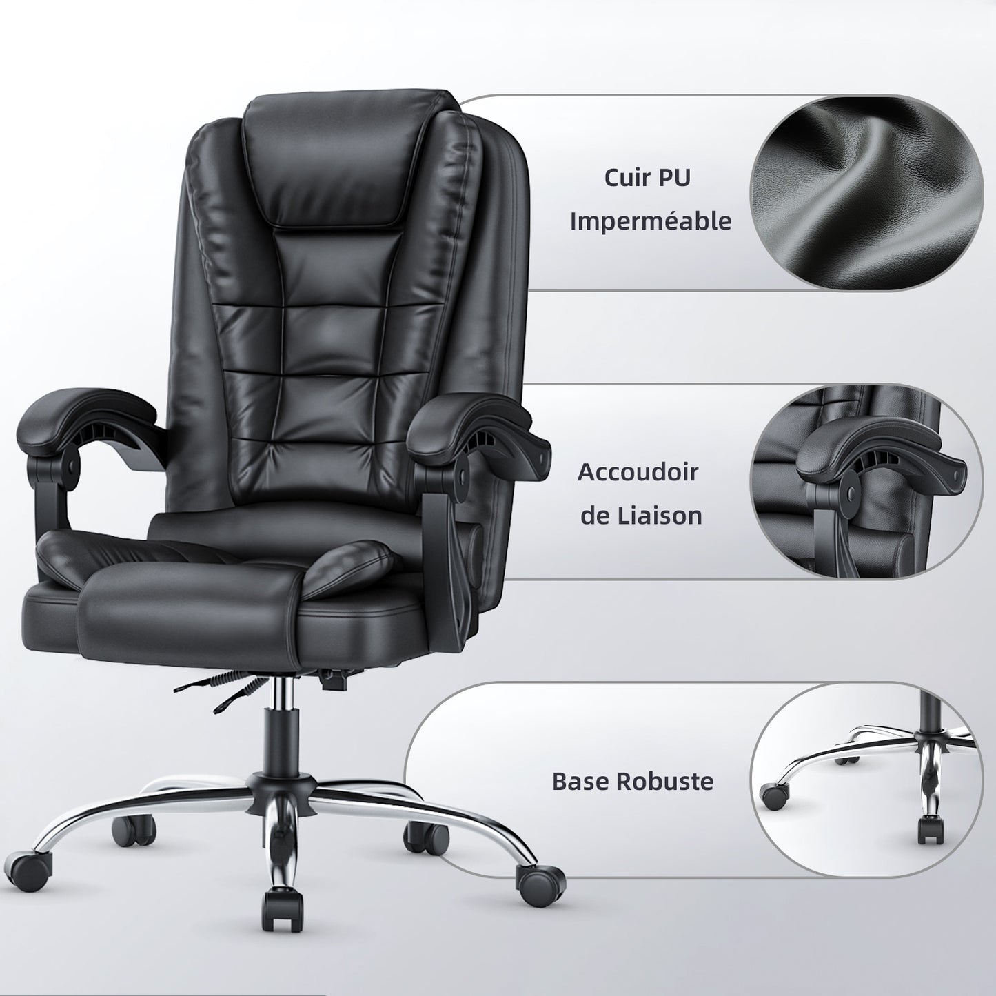 naspaluro Fauteuil Bureau, Chaise Ergonomique avec Large Assise Rembourrée, Siège de Bureau Inclinable Hauteur Réglable, Roulette Silencieuse, pu