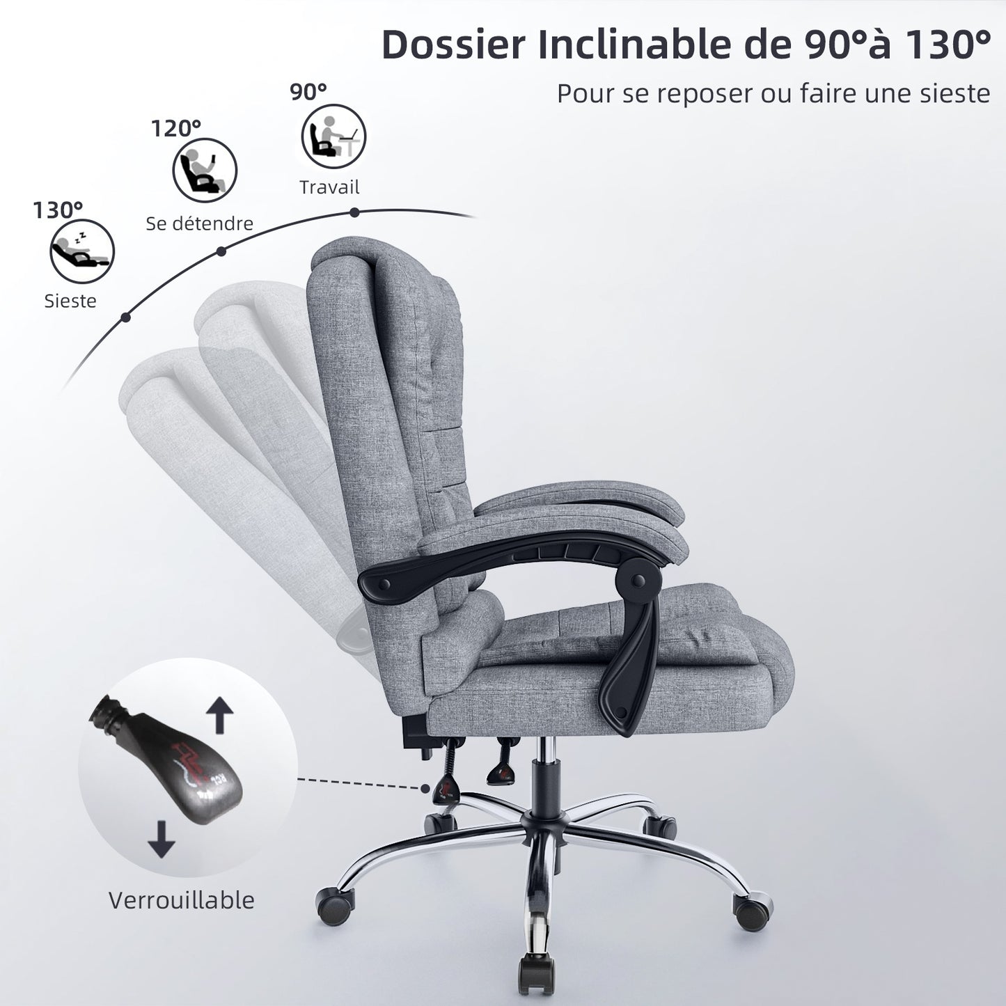 naspaluro Fauteuil Bureau, Chaise Ergonomique avec Large Assise Rembourrée, Siège de Bureau Inclinable Hauteur Réglable, Roulette Silencieuse, pu