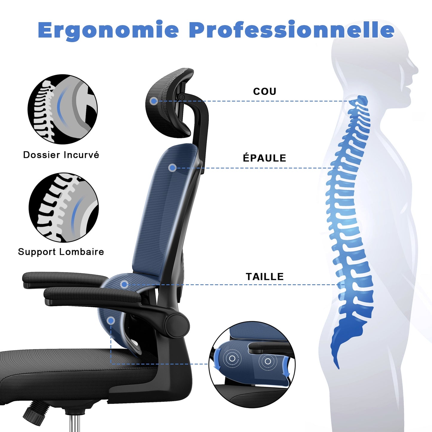 Chaise de Bureau Ergonomique: Fauteuil Bureau avec Support Lombaire en C,Dossier et Appui-tête Réglables,Reversible Armrest,Siege en Maille Respirante Convient à la Maison Bureau
