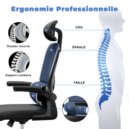 Chaise de Bureau Ergonomique: Fauteuil Bureau avec Support Lombaire en C,Dossier et Appui-tête Réglables,Reversible Armrest,Siege en Maille Respirante Convient à la Maison Bureau