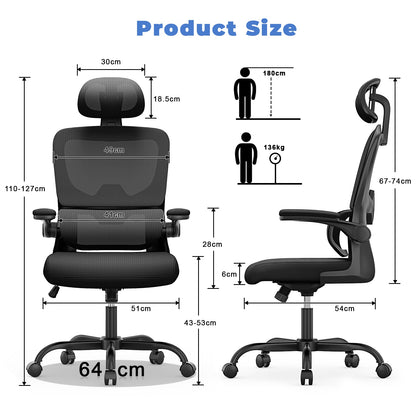 Chaise de Bureau Ergonomique: Fauteuil Bureau avec Support Lombaire en C,Dossier et Appui-tête Réglables,Reversible Armrest,Siege en Maille Respirante Convient à la Maison Bureau