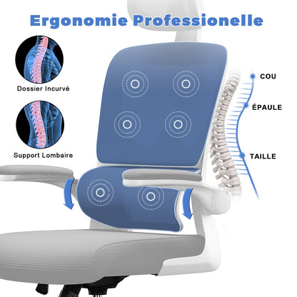 Chaise de Bureau Ergonomique: Fauteuil Bureau avec Support Lombaire en C,Dossier et Appui-tête Réglables,Reversible Armrest,Siege en Maille Respirante Convient à la Maison Bureau