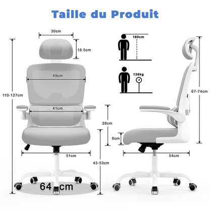 Chaise de Bureau Ergonomique: Fauteuil Bureau avec Support Lombaire en C,Dossier et Appui-tête Réglables,Reversible Armrest,Siege en Maille Respirante Convient à la Maison Bureau